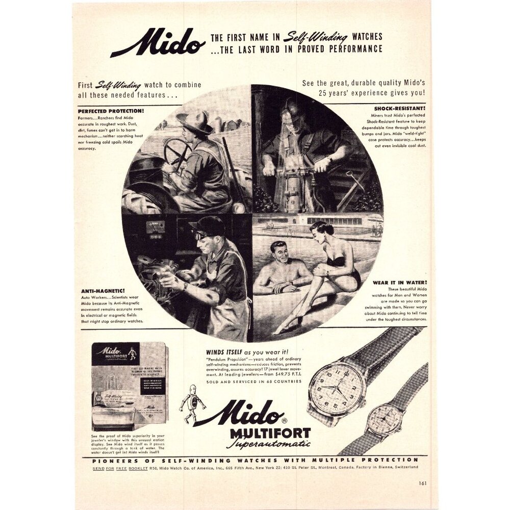 1950 Mido Multifort Superautomatic Watch Vintage Print Ad Swimming Pool Wall Art